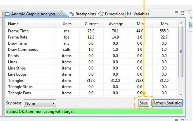 Android Graphic Analyzer saves the measurements in text or comma delimited file format (CSV)